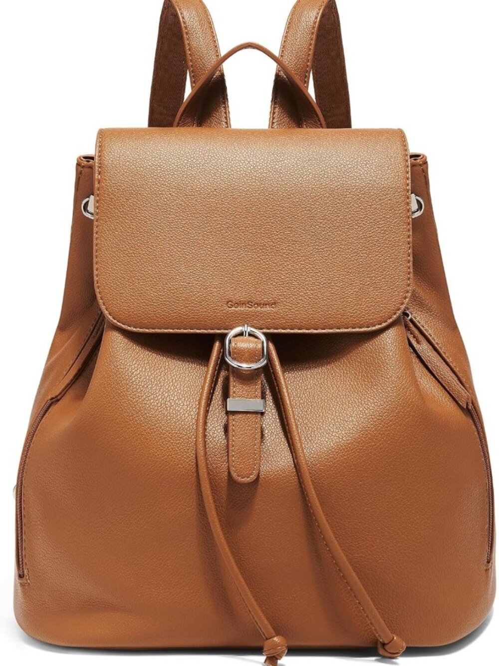 Stylish Large Vegan Leather Backpack Purse with Drawstring Closure - Brown